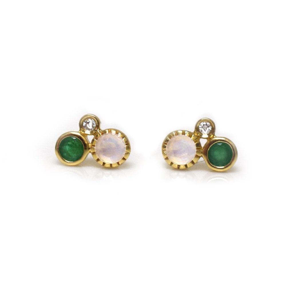 Emerald, Rainbow Moonstone & Diamond Cluster Studs