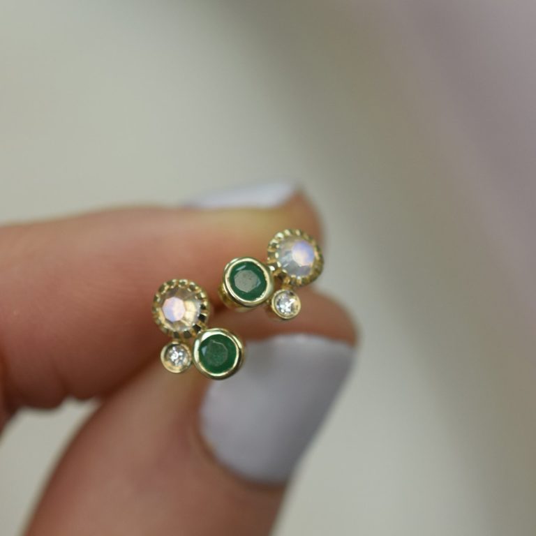 Emerald, Rainbow Moonstone & Diamond Cluster Studs