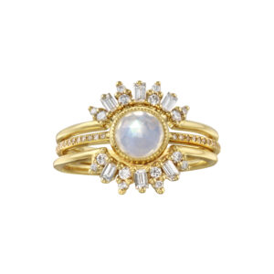 Rosecut Moonstone Baguette Diamond Trio Ring Set