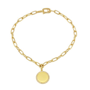 Yellow Gold Paperclip Bracelet with Engravable Charm