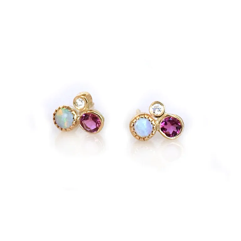 14kt Gold Opal, Diamond and Pink Tourmaline Cluster Studs from La Kaiser at Moondance Jewelry Gallery