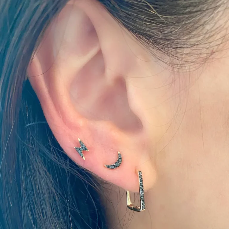 Black Diamond Square Huggies and Black Diamond Lightning Bolt Studs by Rachel Reid at Moondance Jewelry Gallery