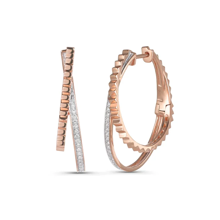 Gold Ridge and Diamond Split Hoop Earrings in Rose Gold