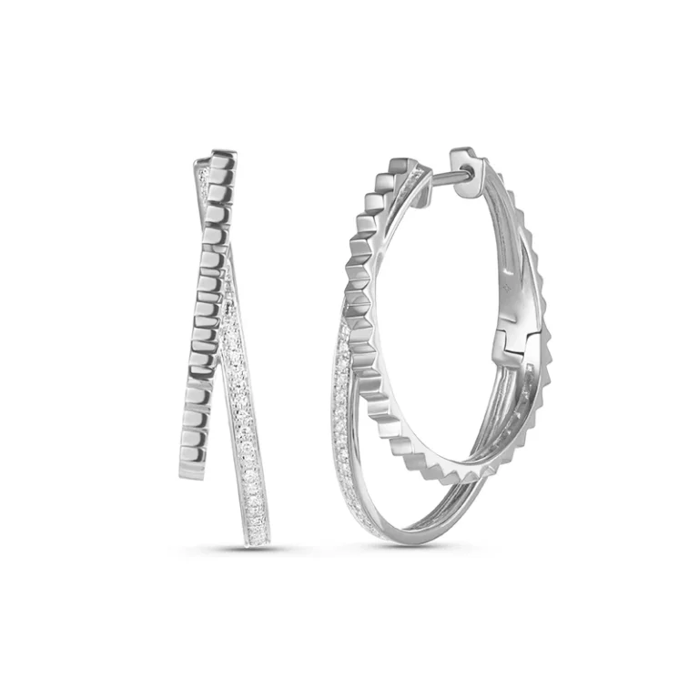 Gold Ridge and Diamond Split Hoop Earrings in White Gold