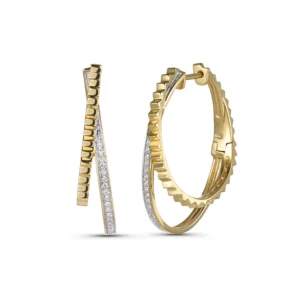 Gold Ridge and Diamond Split Hoop Earrings in Yellow Gold