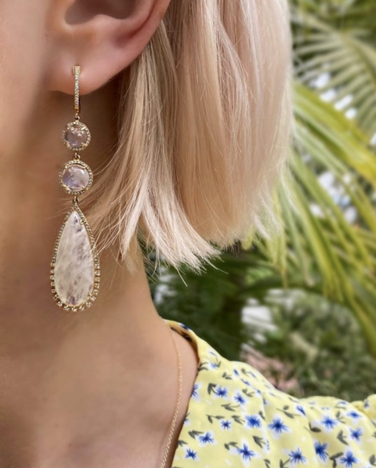Moonstone Drop Earrings with Pave Border