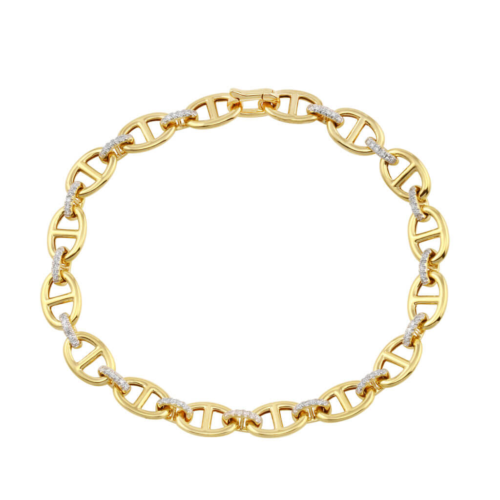 Diamond Link and Anchor Chain Bracelet in Yellow Gold