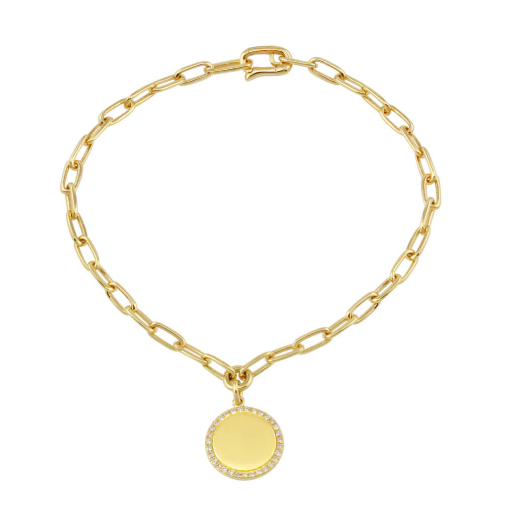 Yellow Gold Paperclip Bracelet with Engravable Charm