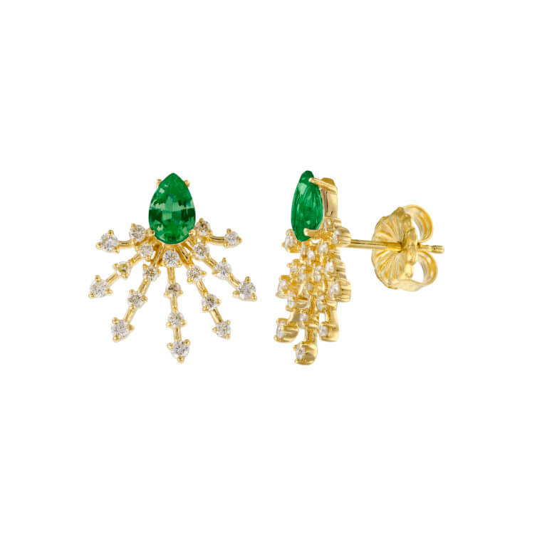 Emerald and Diamond Ray Studs in Yellow Gold