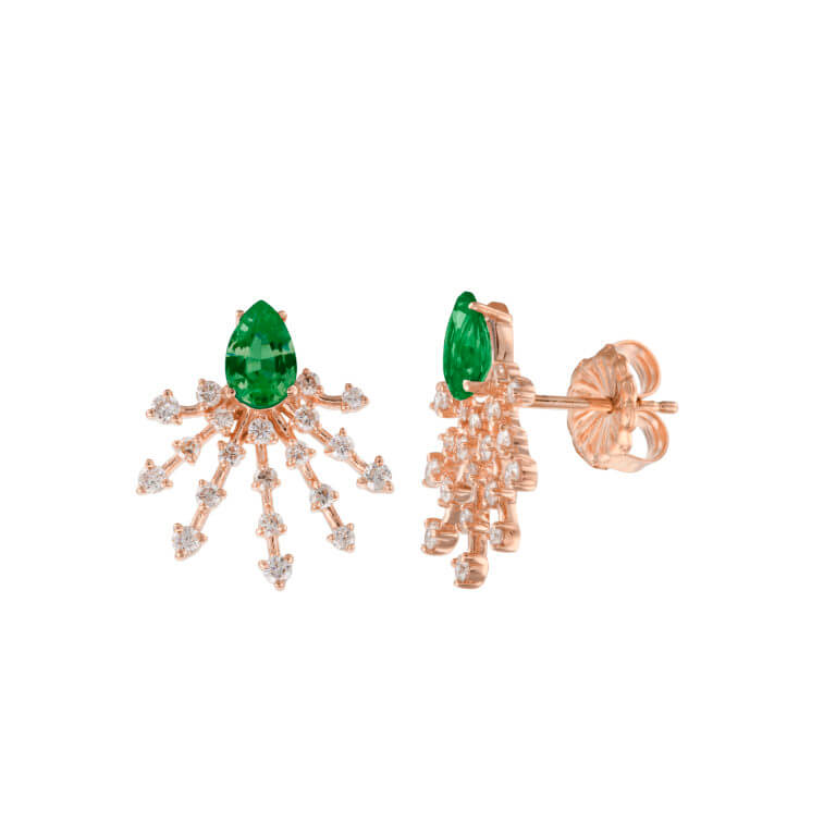 Emerald and Diamond Ray Studs in Rose Gold