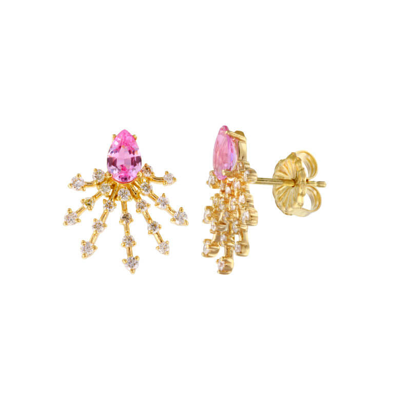 Pink Sapphire and Diamond Ray Studs in Yellow Gold