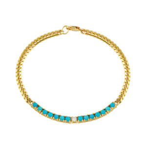 14k Yellow Gold Cuban Chain with Turquoise and a Single Diamond Bracelet