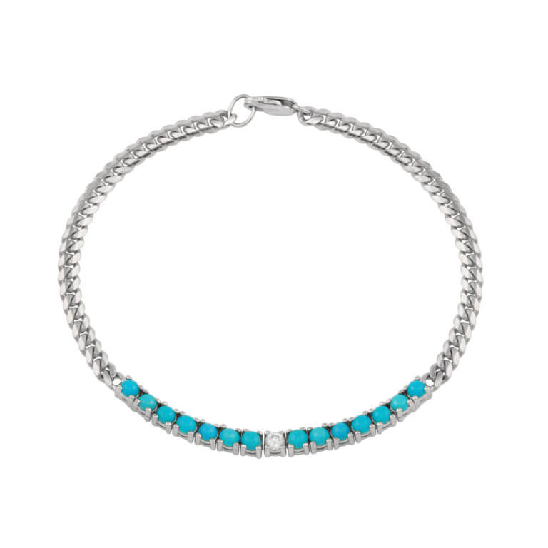 14k White Gold Cuban Chain with Turquoise and a Single Diamond Bracelet
